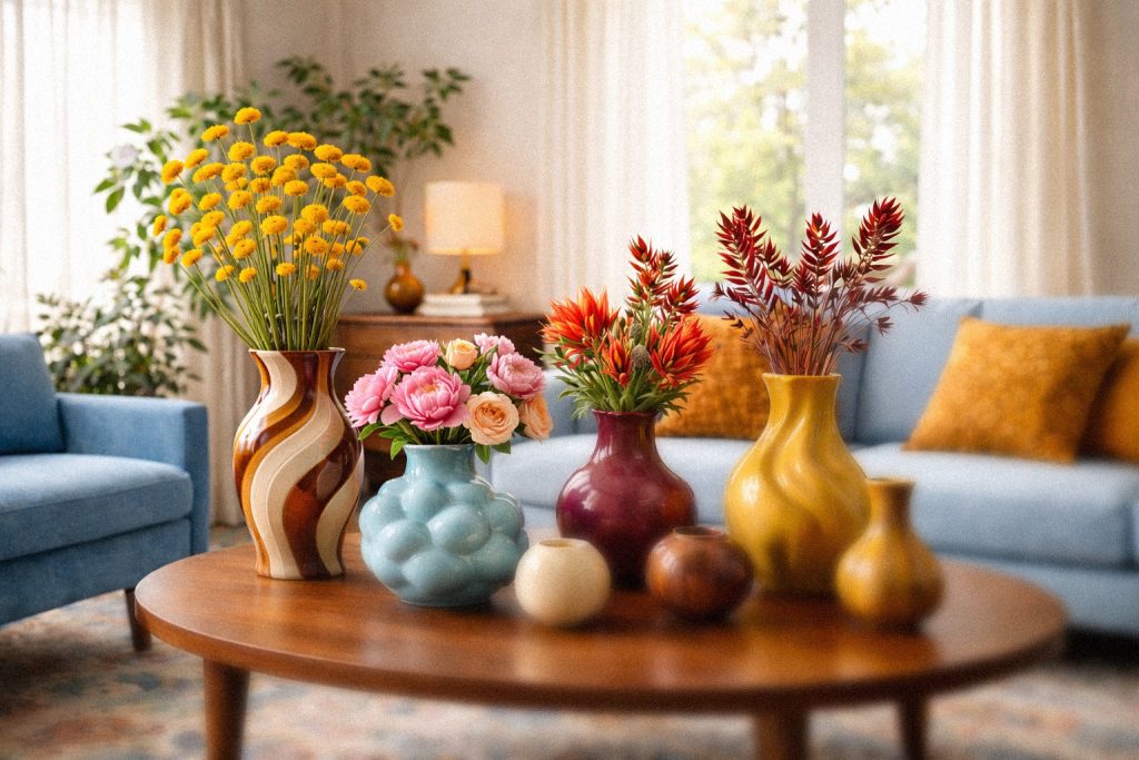 Vaser i olika färger på ett träbord placerade i miljö i förgrunden, där bakgrunden är ljusblå soffor och fler gröna växter