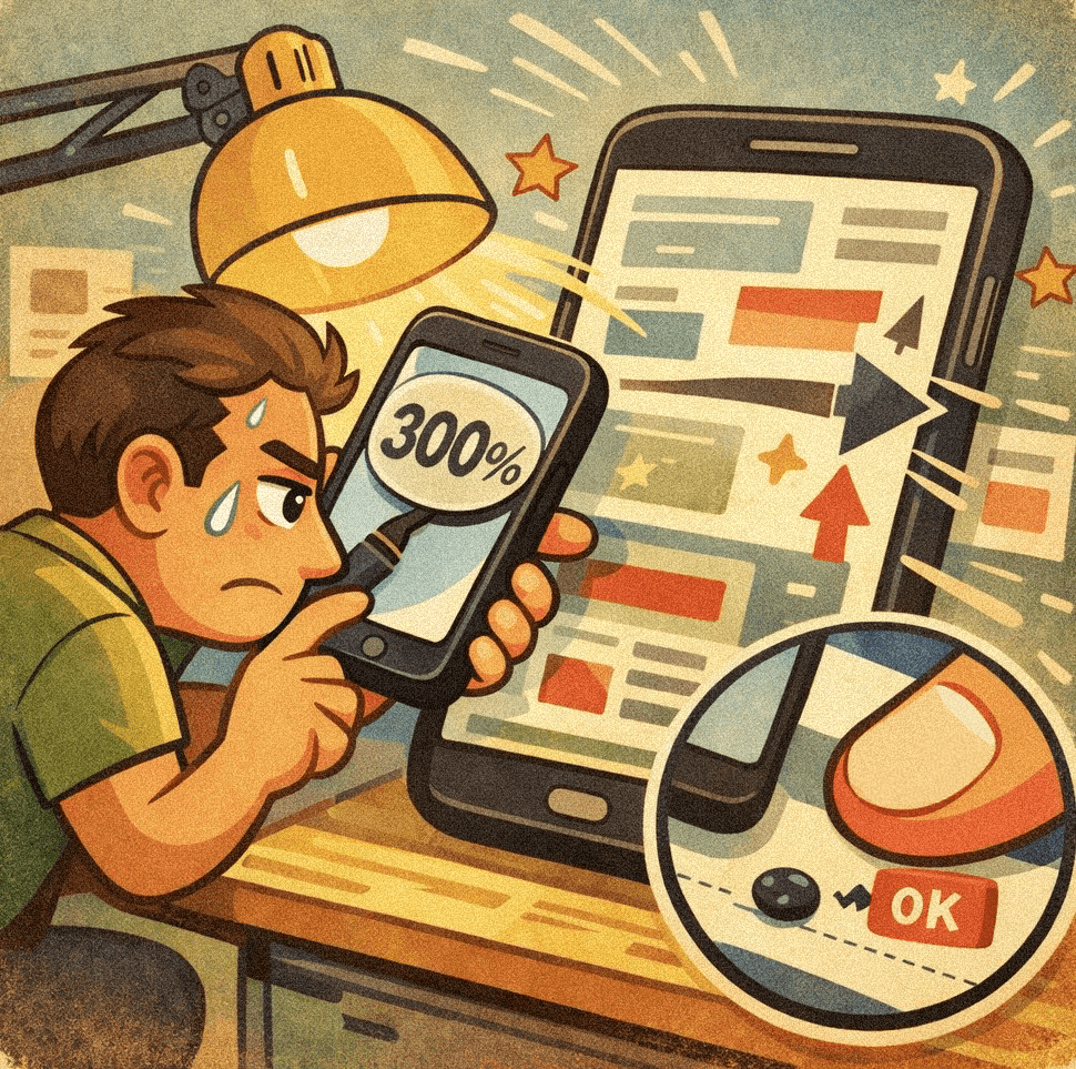 Illustration som visar en person med en stor mobil i handen, inzoomad 300% och en ok-knapp är pytteliten